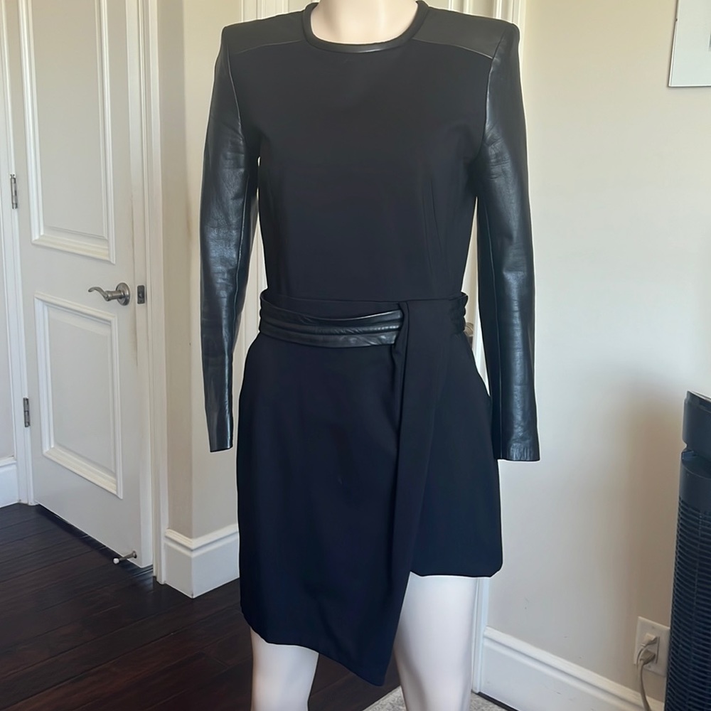 Halston Black Leather and Cloth Dress Perfect Condition